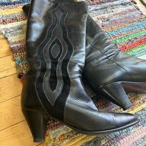 Vintage 70s  Black Heeled Boots with Decorative Stitching Leather